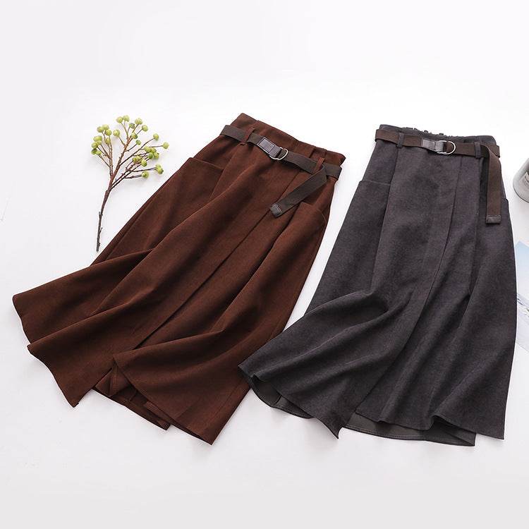Solid Color Leisure Artistic Pocket High Waist Irregular flared Midi Skirt for work women