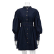 Classy Fashion Lantern Sleeve Button down Denim Shirt flared Mini Dress
