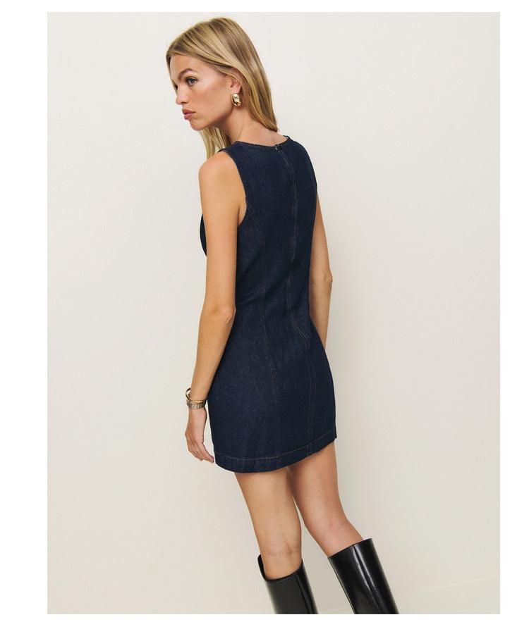 French-Style Slim Fit Denim Midi Dress – Sleeveless Round Neck Cotton Denim Dress