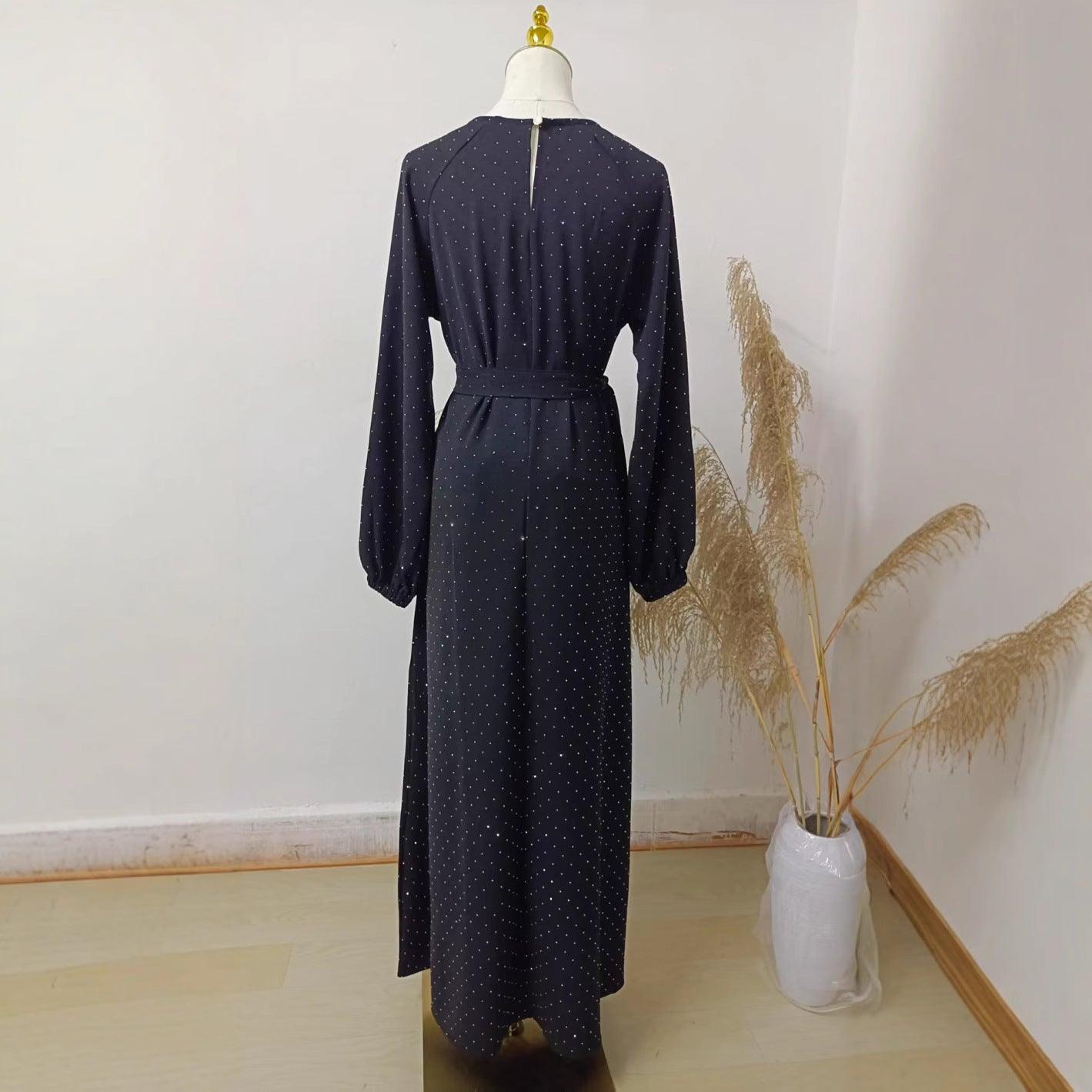 Muslim Rhinestone Dubai Round Neck Pullover Belt Dress