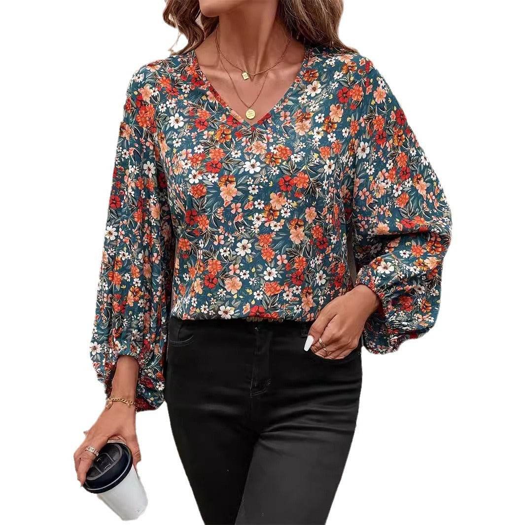 Women's V-neck Lantern Long Sleeve Shirt Autumn casual blouse top
