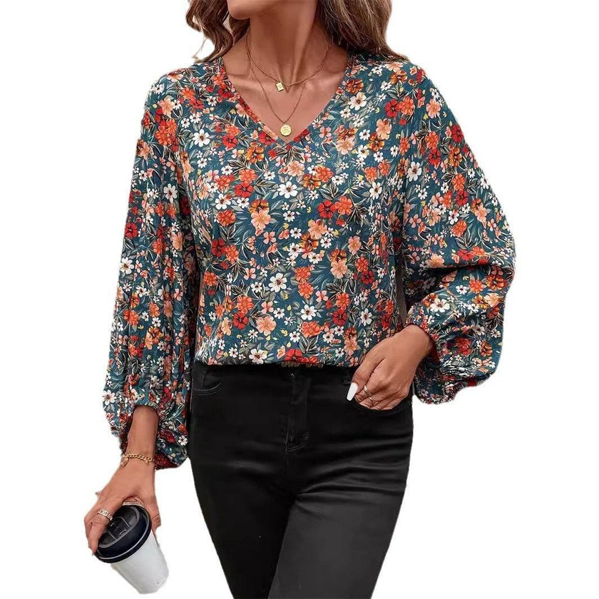 Women's V-neck Lantern Long Sleeve Shirt Autumn casual blouse top