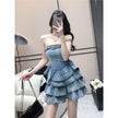 Women's sleeveless tube Denim High Waist Slimming Jeans layered flared mini Dress