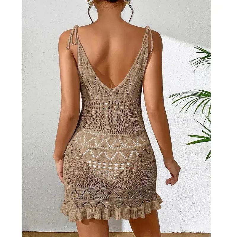 Women's Fashion Suspenders Deep V Knitted Beach Skirt Dress for Chic Ladies