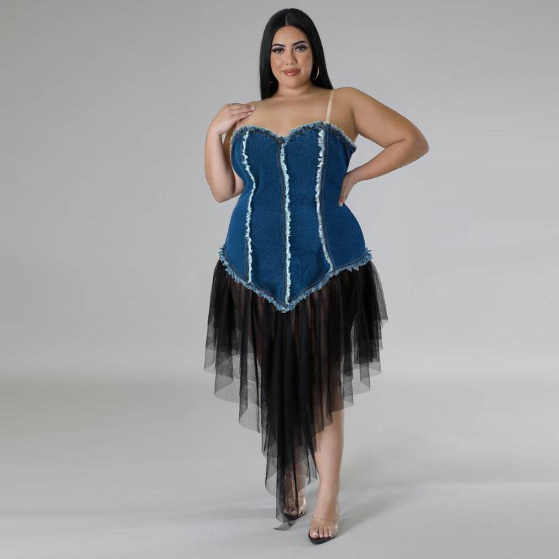 Women's Fashion Sleeveless Denim Stitching Mesh Jeans Tassel Dress
