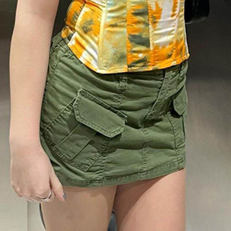 Simple Tooling Style Pocket Army Green Woven Hot Girl A- Line Mini Hip Cargo Skirt Summer