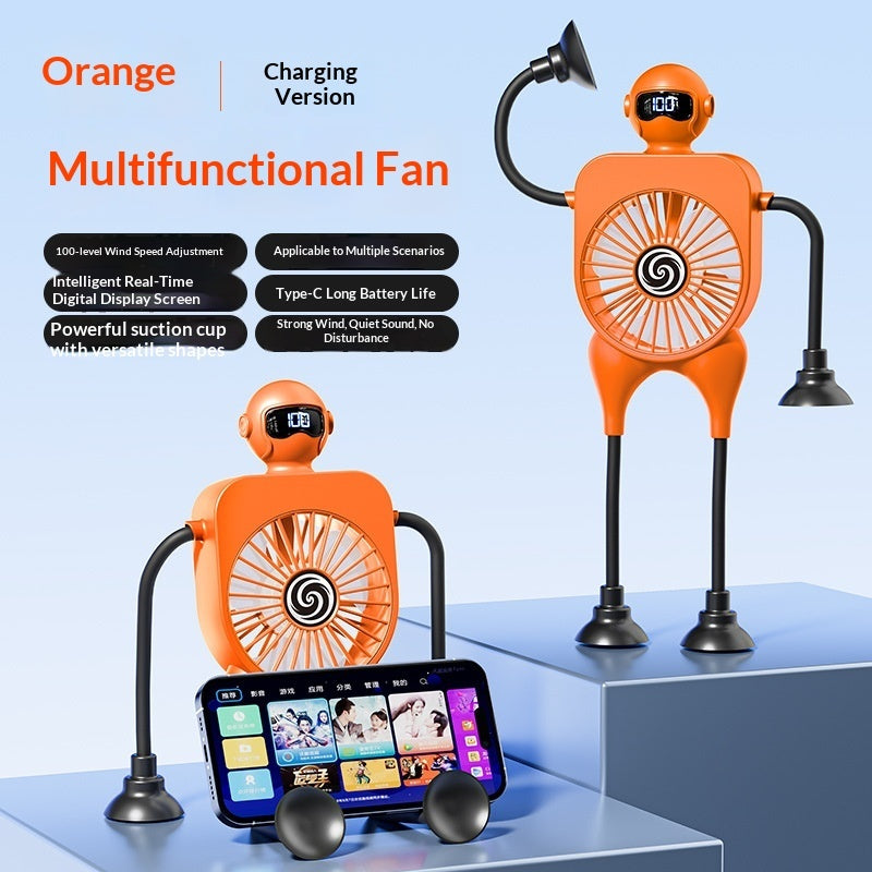 Robot USB Rechargeable Desk Fan with Suction Cup & Digital Display – 100-Speed Portable Cooling Fan