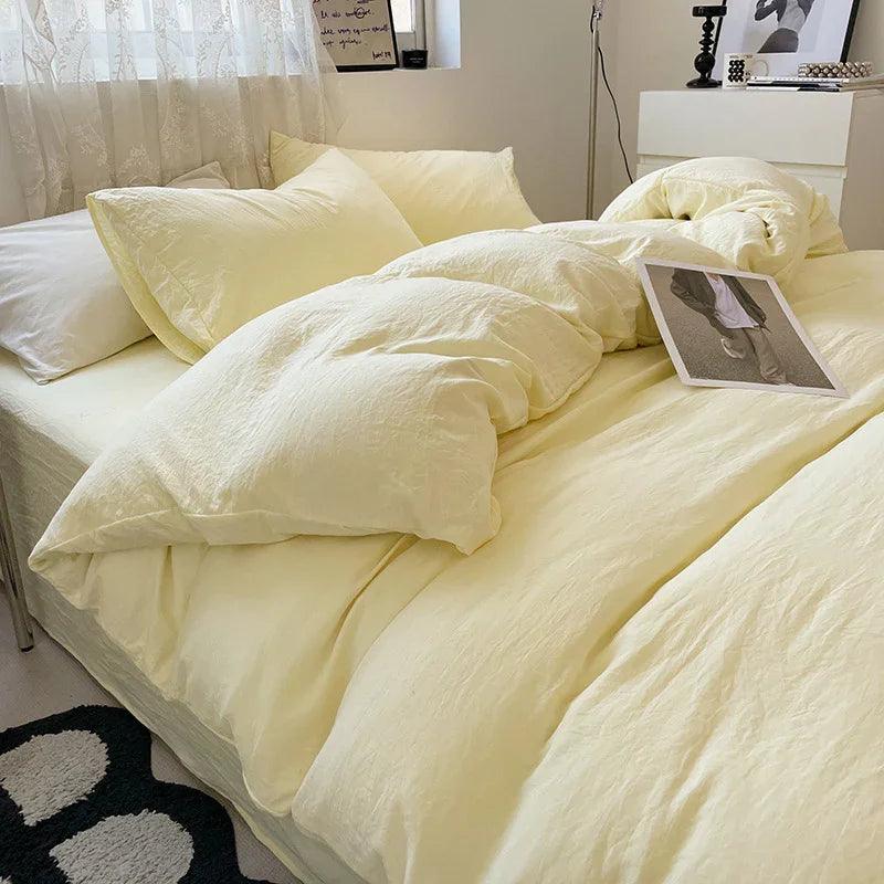 Solid Colour Sanding Washed Cotton 4-Piece Duvet Cover Bed Set