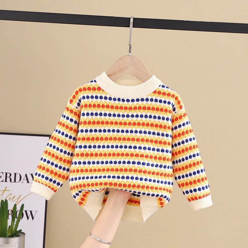 Kids Rainbow Stripe Pullover Sweater, Round Neck Knit Top