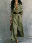 V-Neck Long Shirt Dress for Women – Cotton Linen A-Line Maxi Dress Canada USA