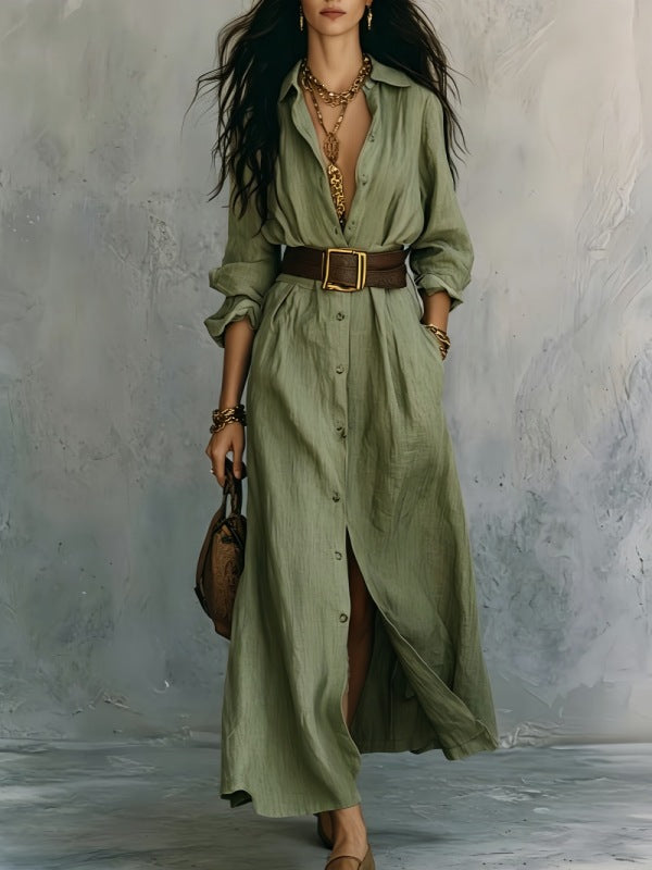 V-Neck Long Shirt Dress for Women – Cotton Linen A-Line Maxi Dress Canada USA