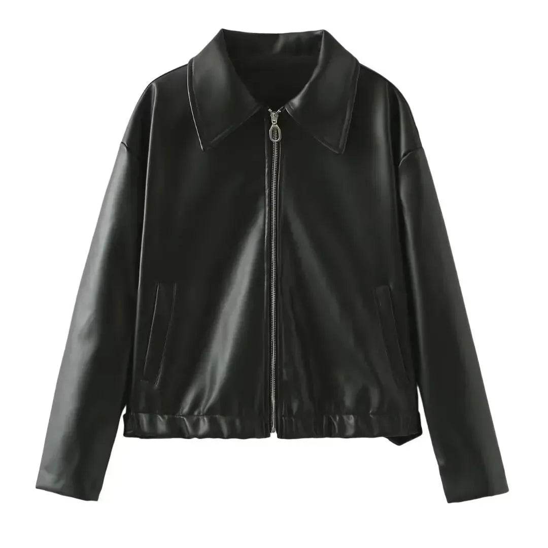 Fashioned Oversized zipper Lapel Leather coat jacket for women