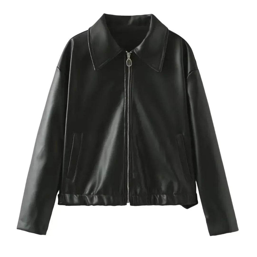 Fashioned Oversized zipper Lapel Leather coat jacket for women