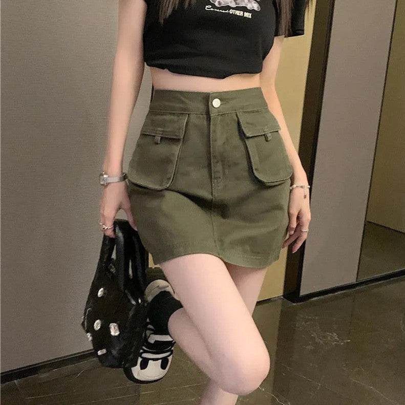 Workwear Denim Skirt Women's A- Line High Waist Mini Cargo Skirt