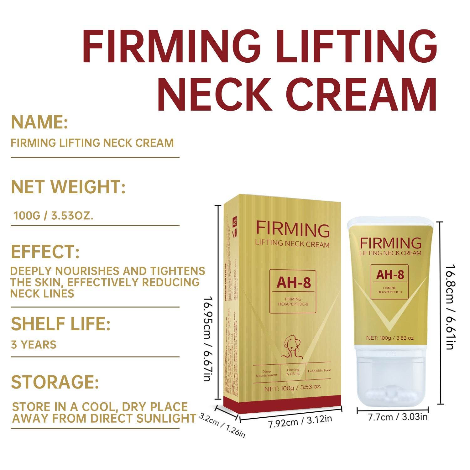 AH-8 Firming Neck Cream with Roller, Lifting and Tightening Neck Cream for Sagging Skin and Neck Lines, 100g