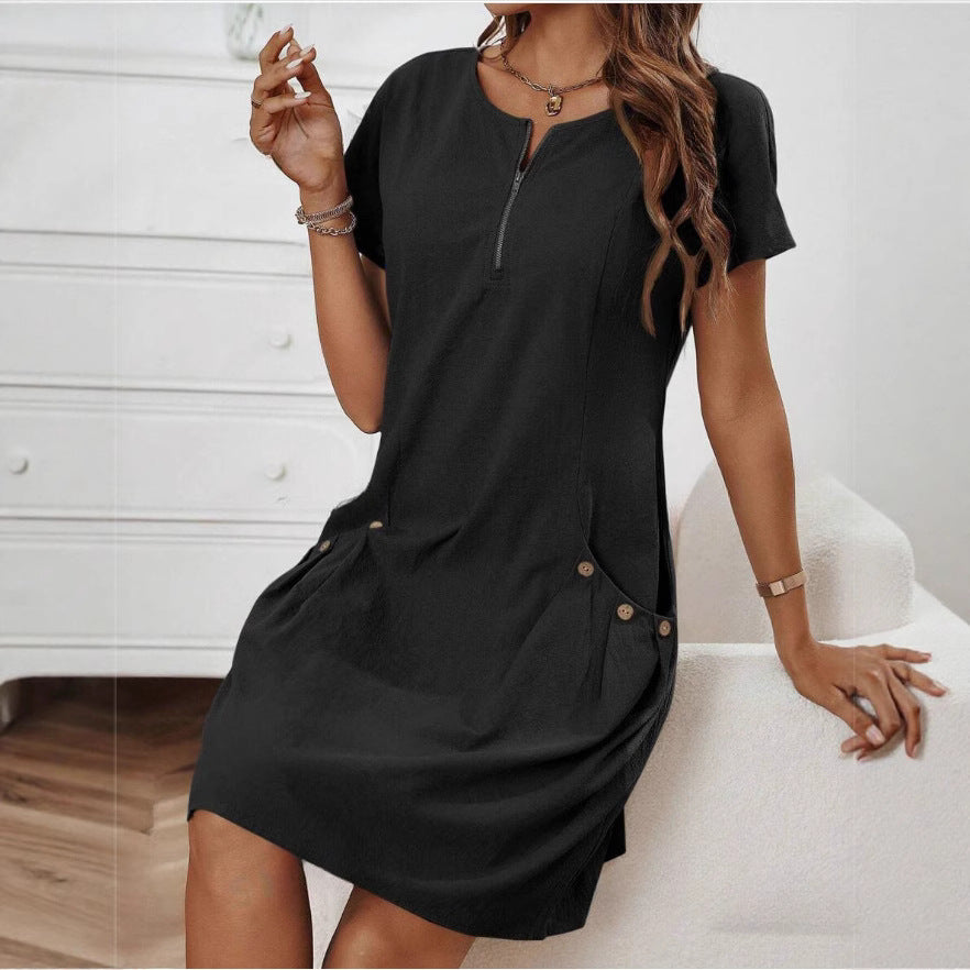 Women's Short-Sleeve Casual Dress with Pockets & Zipper – 12 Colors, S–3XL