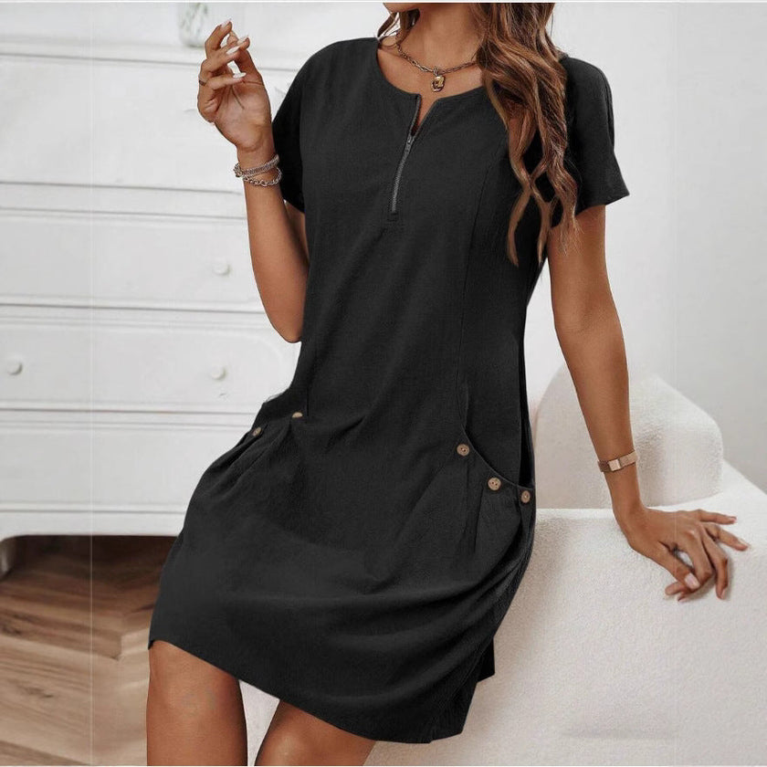 Women's Short-Sleeve Casual Dress with Pockets & Zipper – 12 Colors, S–3XL
