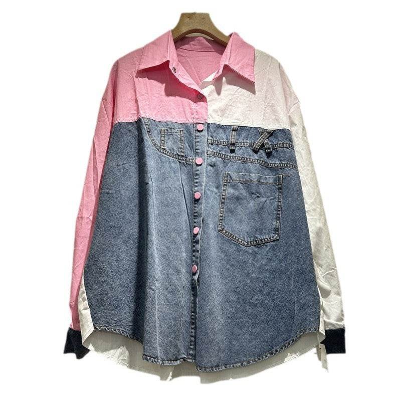 High-grade Contrast Color Patchwork Cotton Denim Long Sleeve Loose Shirt Women
