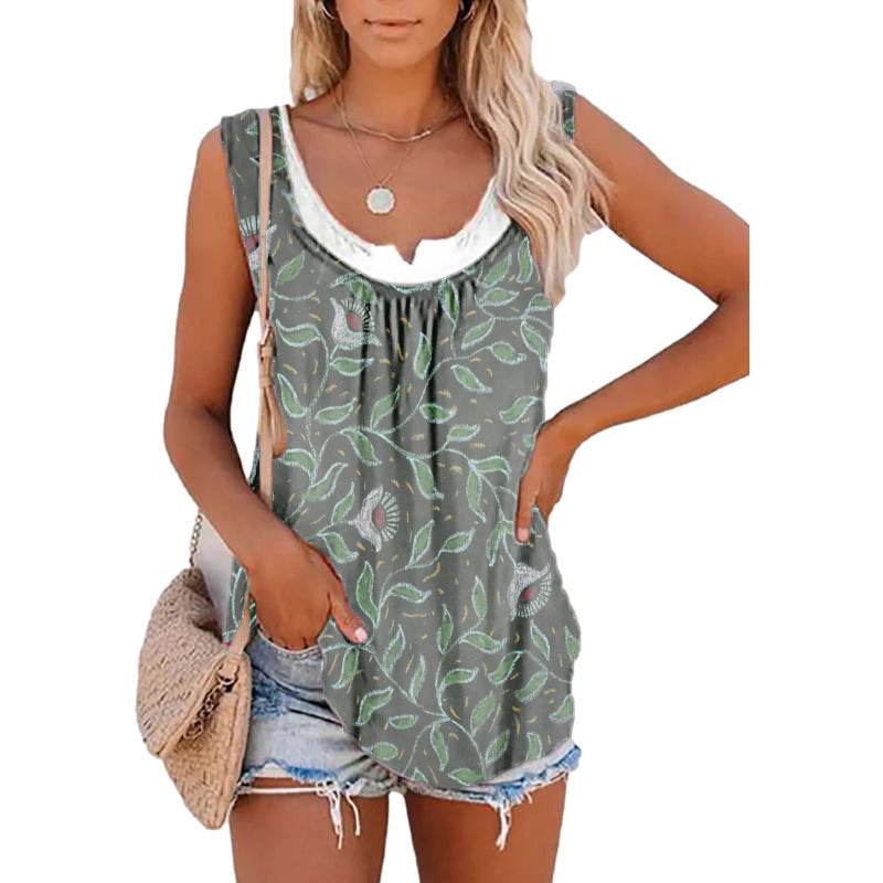 Casual Spring And Summer Tops Printed Sleeveless Pleating Vest T-shirt For Women