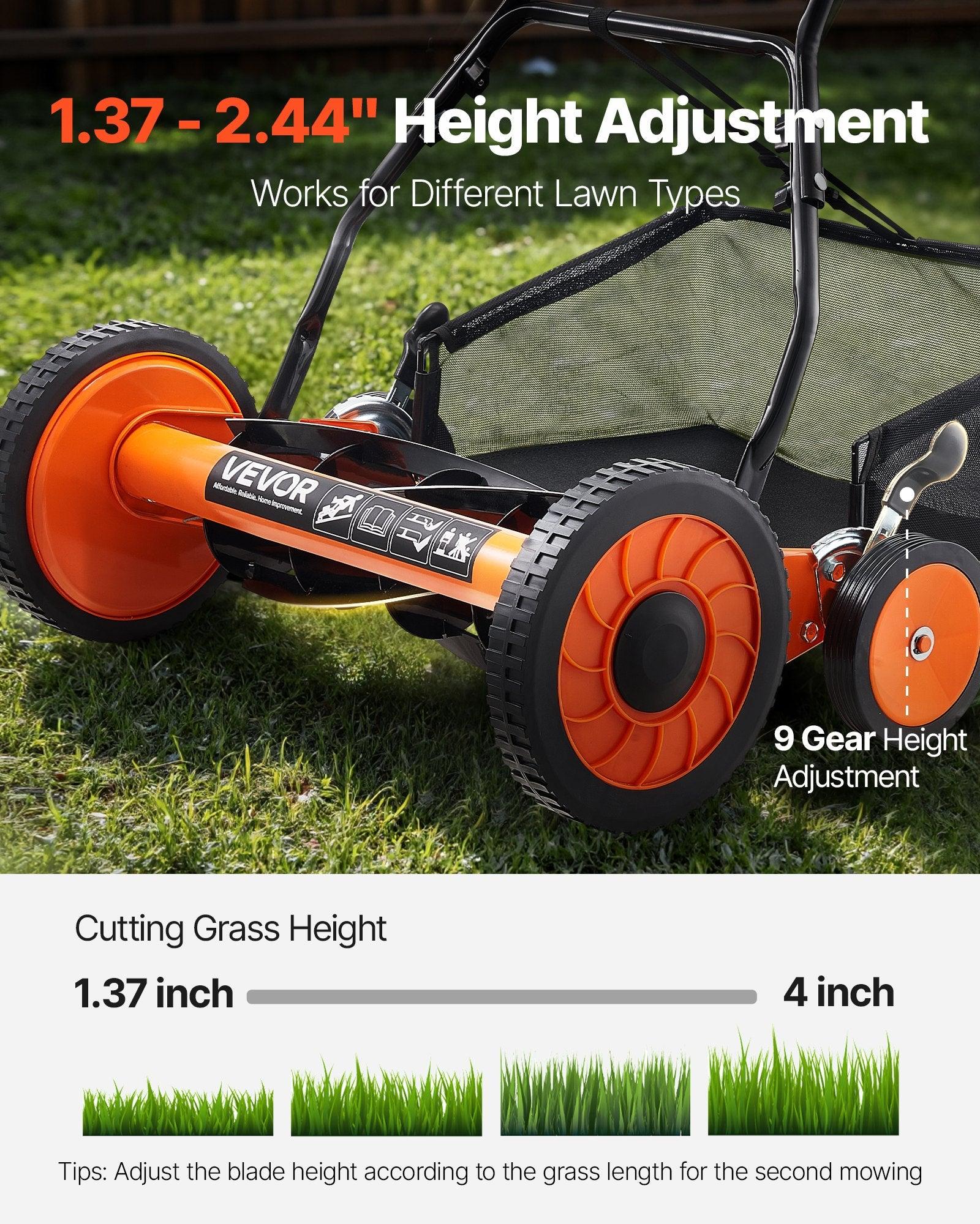 Manual Push Reel Lawn Mower 5-Blade Adjustable Height Grass Catcher 4 Wheels