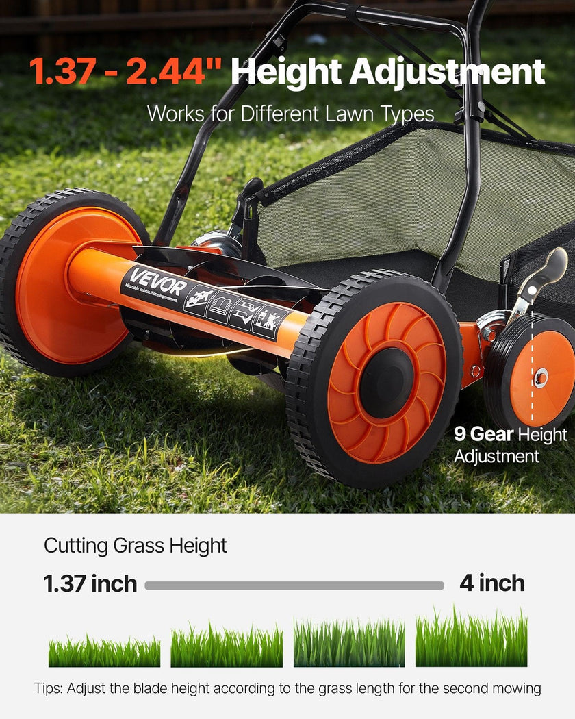 Manual Push Reel Lawn Mower 5-Blade Adjustable Height Grass Catcher 4 Wheels