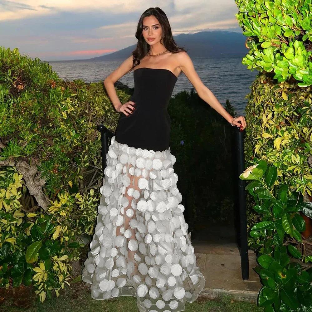 Black And White Tube Top Three-dimensional Flower Pettiskirt Dinner Dress