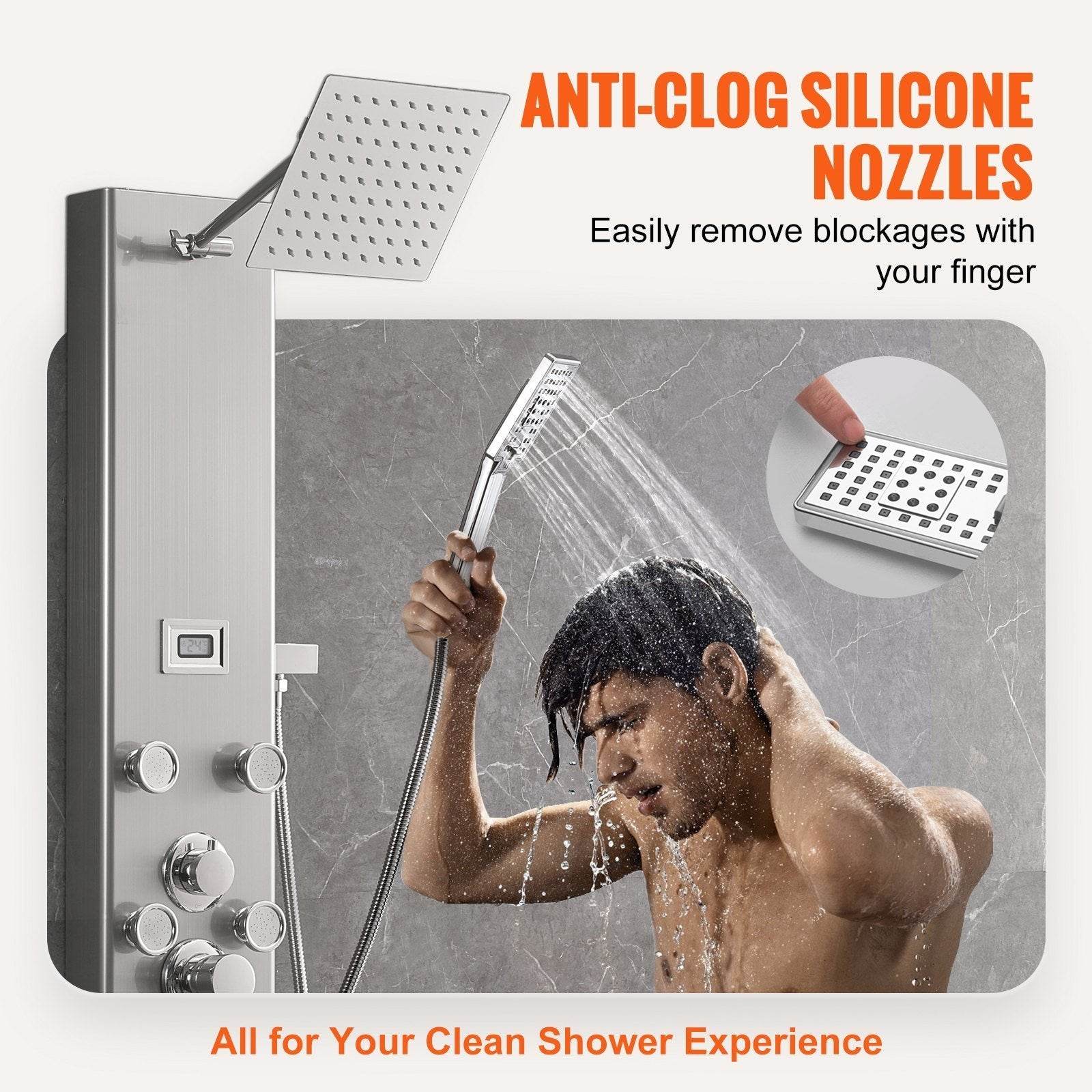 Shower Panel System, 5 Shower Modes, Digital Display Shower Panel Tower, Rainfall, 8 Massage Jets, Tub Spout, 3-Setting Handheld Shower Head 59 Hose, Stainless Steel Wall-Mounted Shower Set