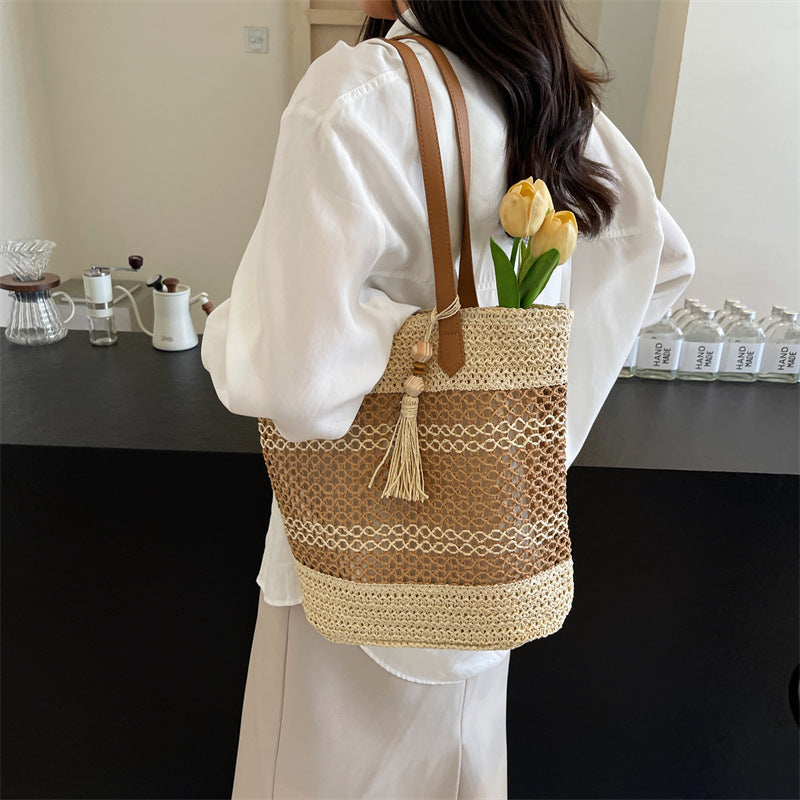 Striped Straw Beach Tote Bag with Tassel – Large Capacity Boho Shoulder Bag | Beige & Brown