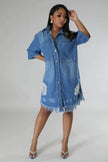 Women's Fashion 3/4 sleeve Mid Length loose Denim Jeans Dress
