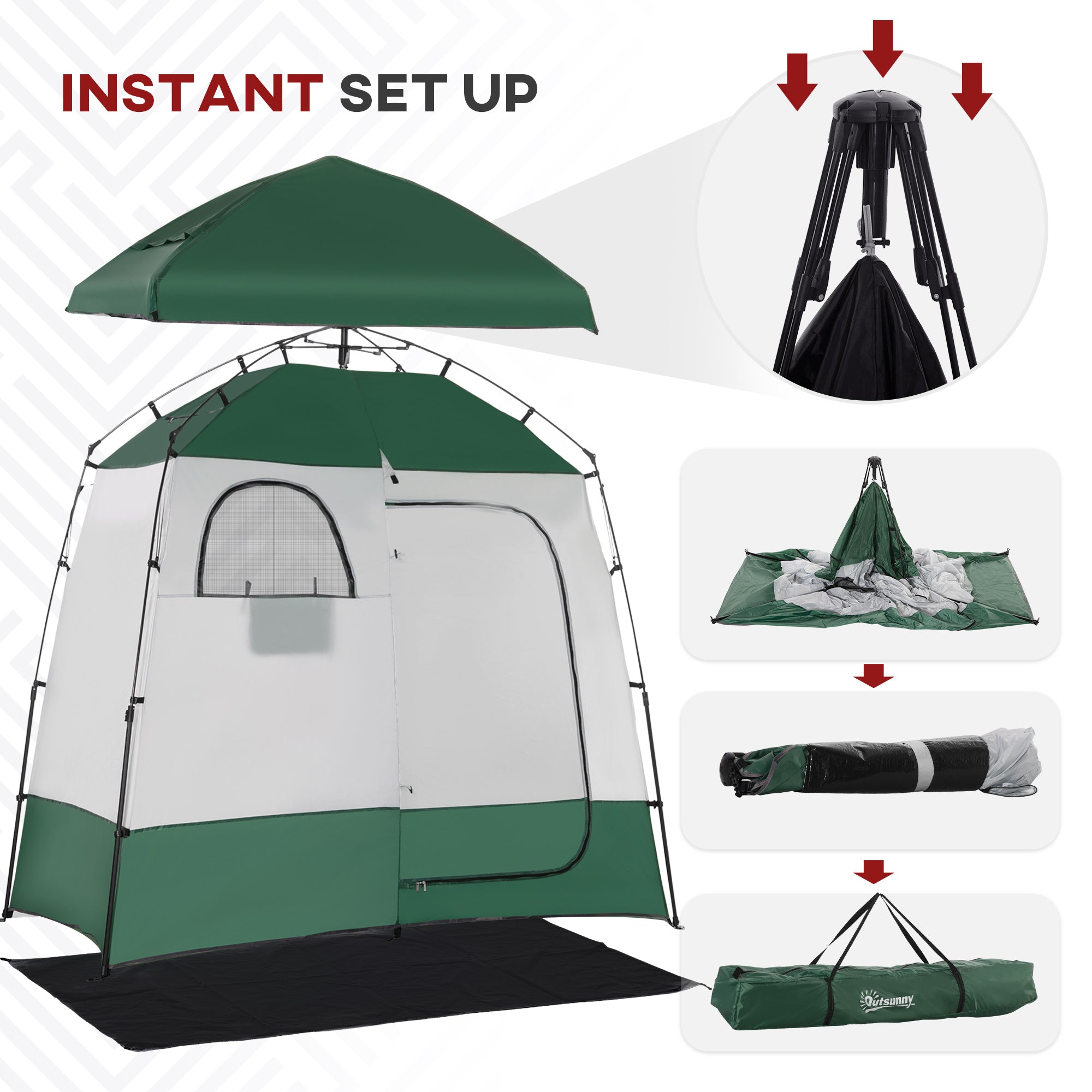 Outsunny Outdoor Portable Pop Up Shower Tent Changing Tent Privacy Enclosure with 2 Rooms, Shower Bag, Floor for Camping, Green