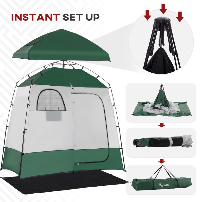 Outsunny Outdoor Portable Pop Up Shower Tent Changing Tent Privacy Enclosure with 2 Rooms, Shower Bag, Floor for Camping, Green