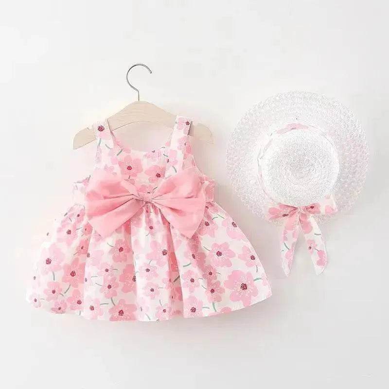 Baby Girl Floral Princess Dress with Matching Hat – Cotton Suspender Sundress for Toddlers
