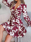 New Floral Printed V-Neck Long Sleeve Dress Fashion Ruffles Bowknot A-Line Short Mini  Skater Dress Women's Clothing