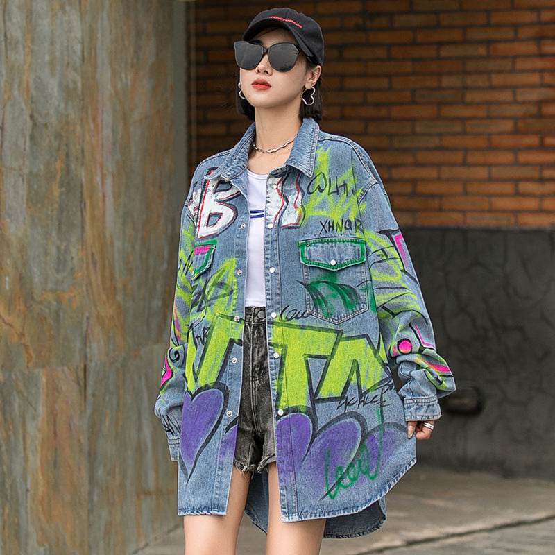 Oversized Graffiti Print Denim Jacket Women Loose Fried Street fashion