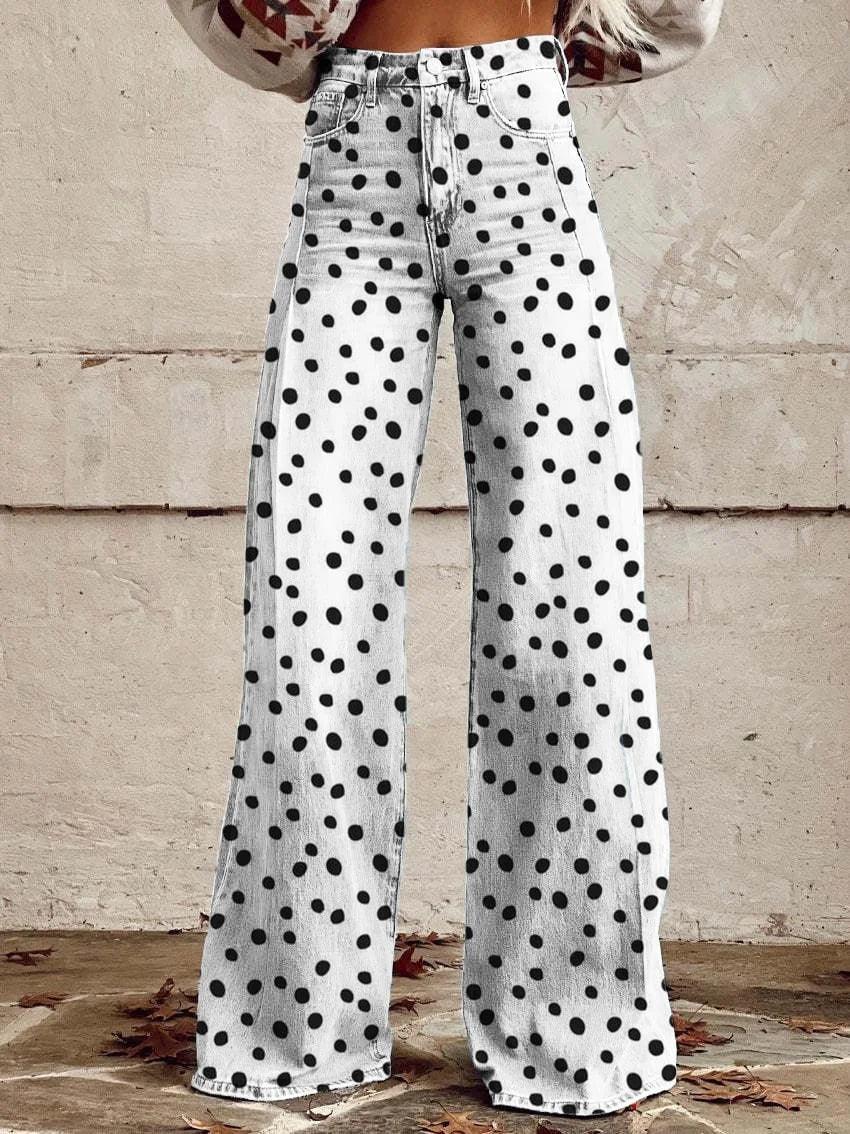 Women's Graphic Print Wide Leg Distressed Denim Pants – Plus Size Straight Leg Casual Jeans