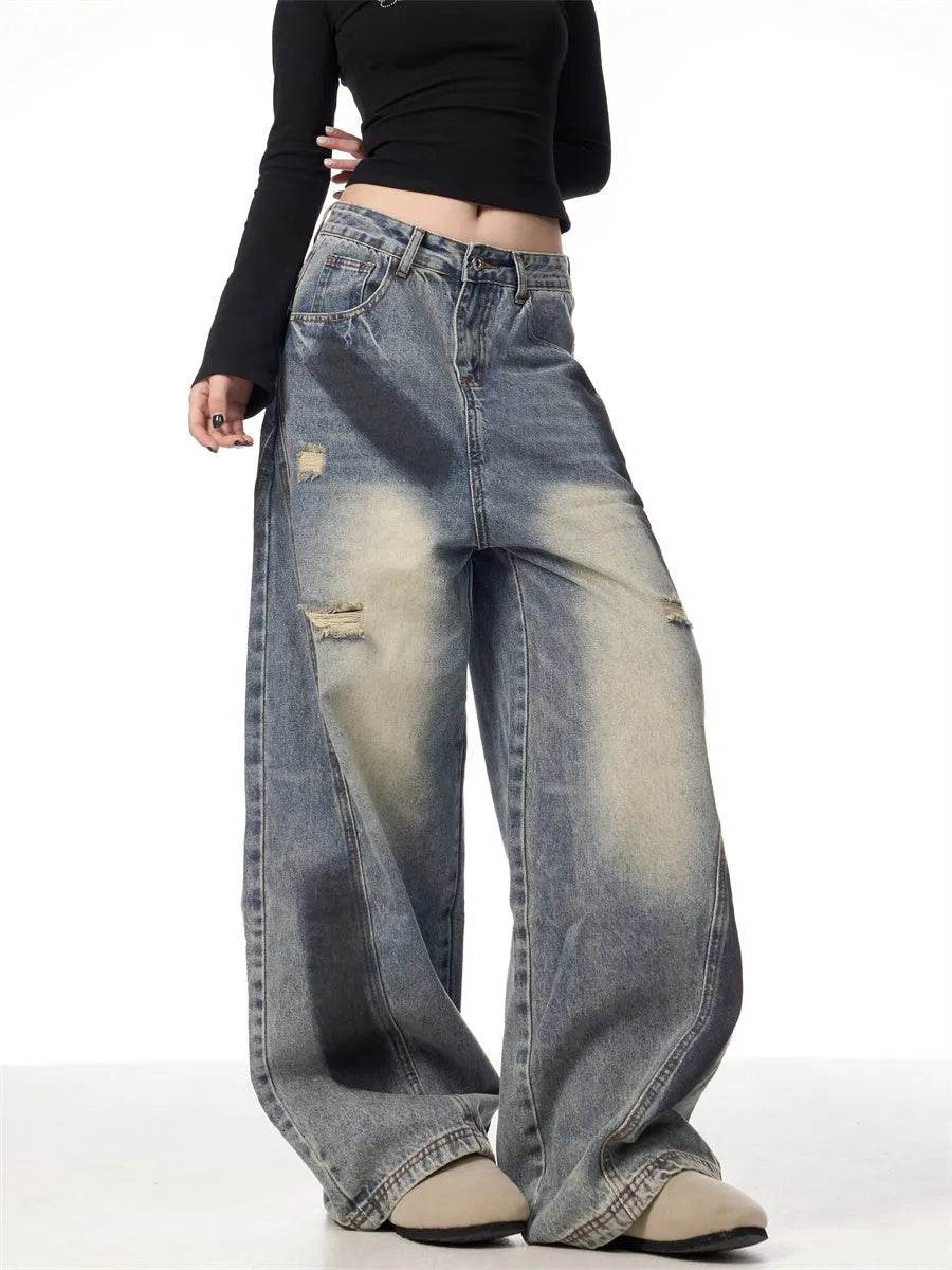 Splash Ink Ripped Machete Baggy Jeans Pant For Women Loose-fitting Wide-leg Trousers