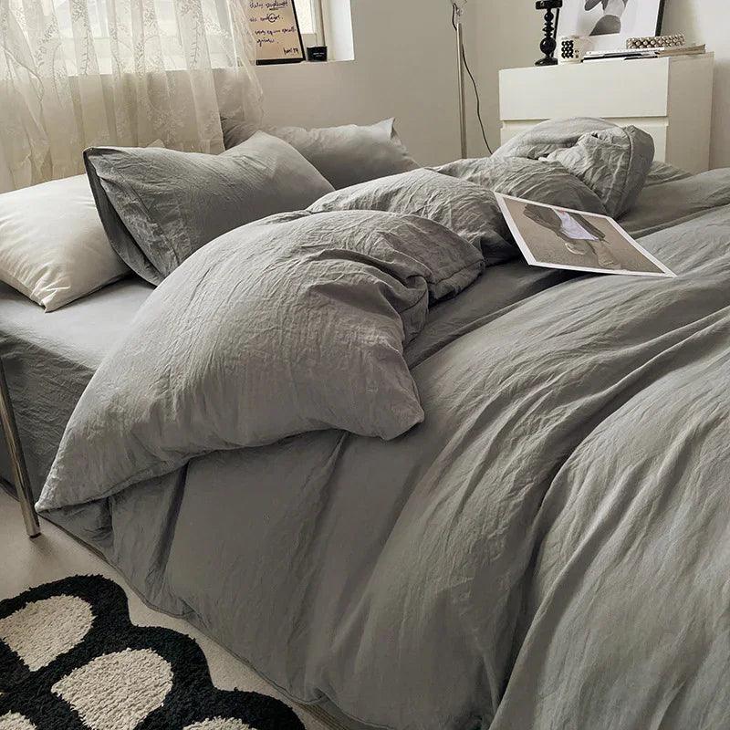 Solid Colour Sanding Washed Cotton 4-Piece Duvet Cover Bed Set