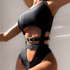 Women's Waist Hollow-out One-Piece Swimsuit | Black Nylon Spandex Swimwear S-L