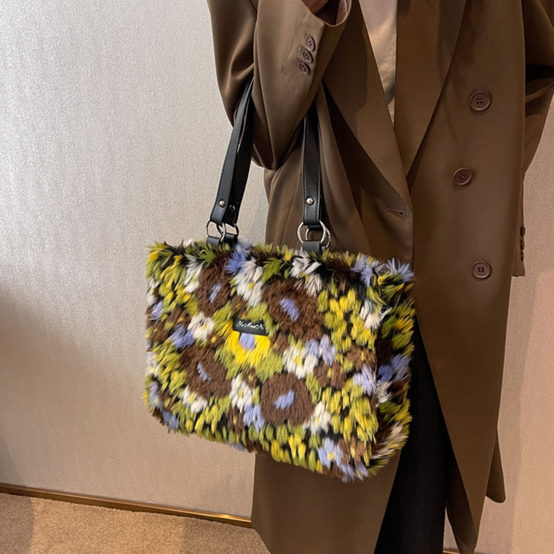 Women's Winter Plush Floral Shoulder Bag – Large Tote Handbag (White & Decor)