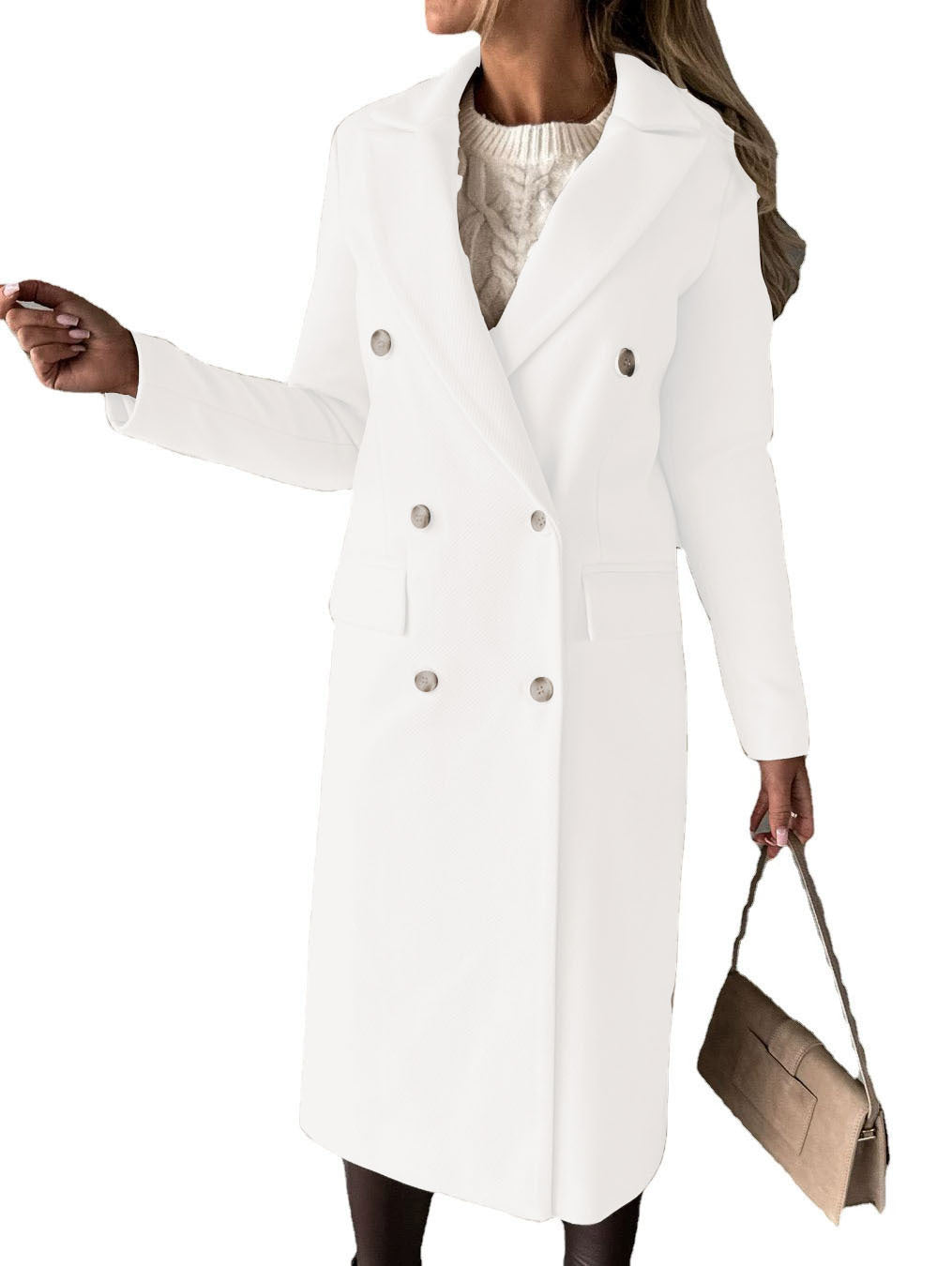 Double Breasted Lapel Coat Winter Fashion Solid Slim Long Jacket Long Sleeve Tops Womens Clothing