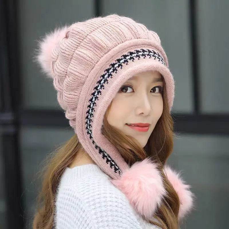 Women Cozy Knit Fleece-Feel Beanie With Ear Flaps Winter Hat Perfect For Skiing & Outdoor Activities