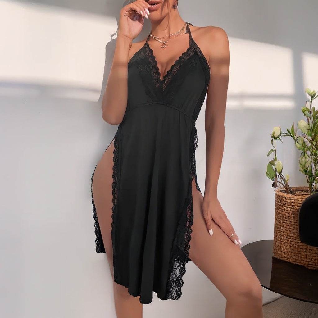 Black Lace Lingerie Set – Elegant Deep V-Neck Backless Slit Design