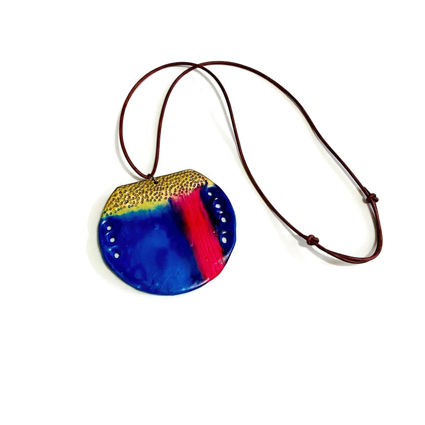 Abstract Circle Pendant Necklace | Blue, Pink & Gold Polymer Clay