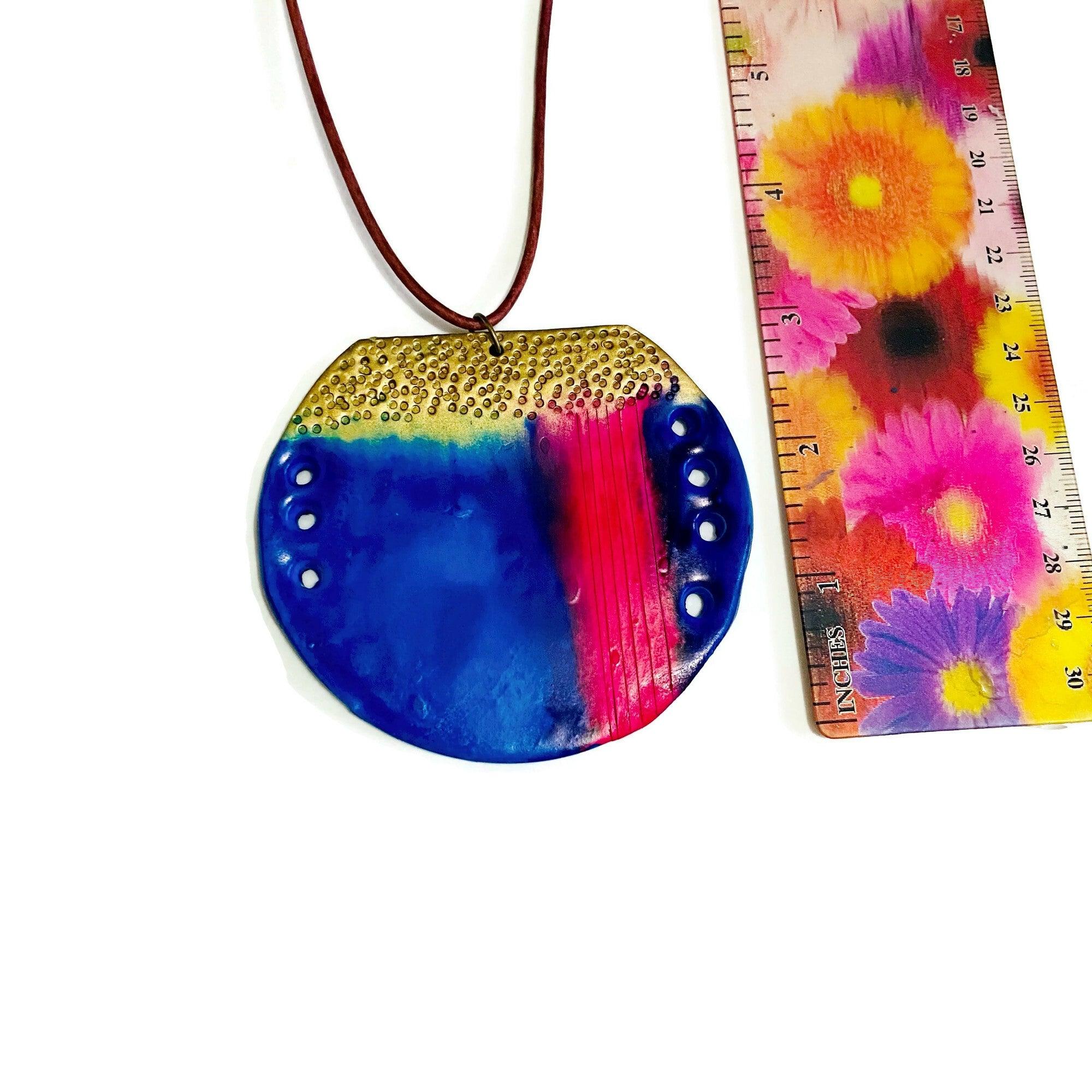 Abstract Circle Pendant Necklace | Blue, Pink & Gold Polymer Clay