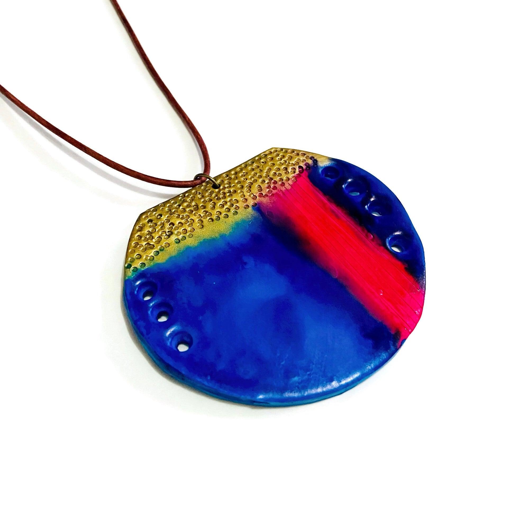 Abstract Circle Pendant Necklace | Blue, Pink & Gold Polymer Clay
