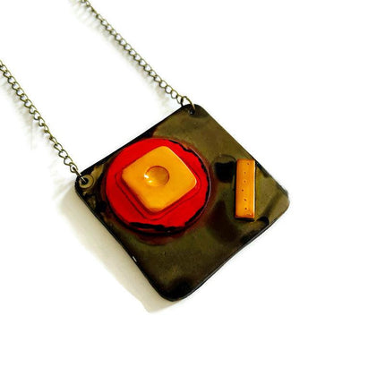 Abstract Geometric Pendant Necklace in Gray, Red, Yellow. Chunky Handmade Polymer Clay