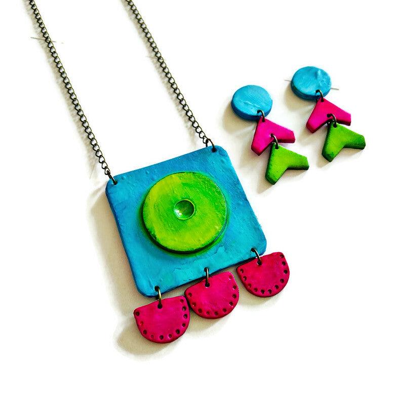 Abstract Neon Statement Necklace & Earrings Set, Handmade Polymer Clay