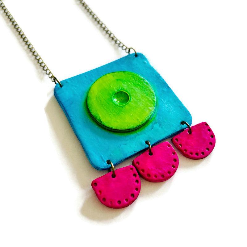 Abstract Neon Statement Necklace & Earrings Set, Handmade Polymer Clay