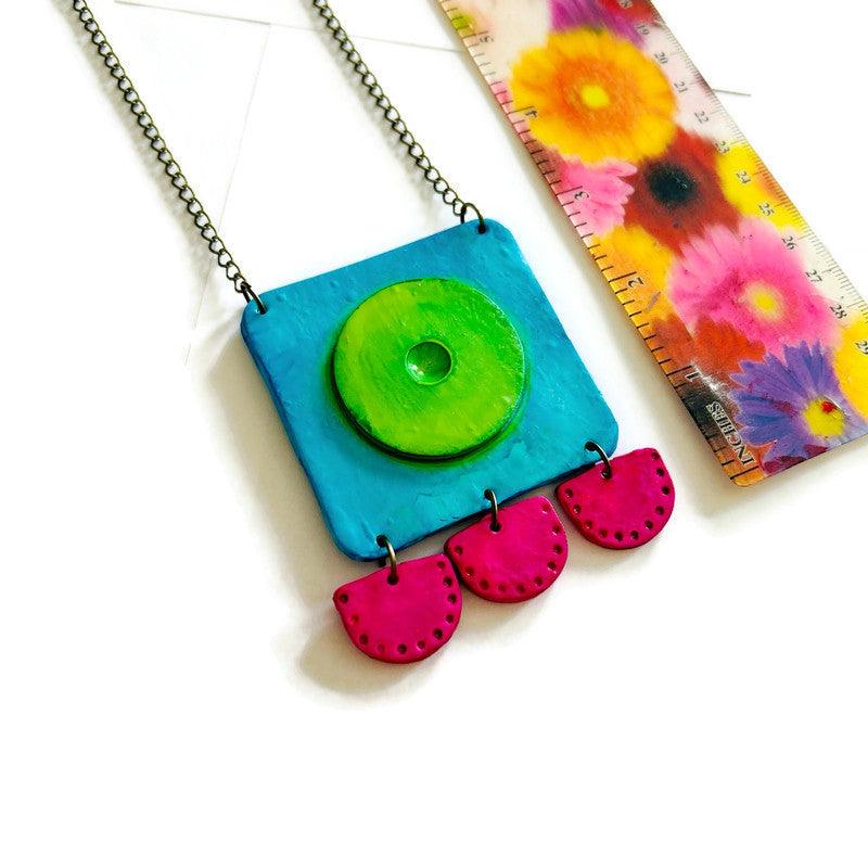 Abstract Neon Statement Necklace & Earrings Set, Handmade Polymer Clay
