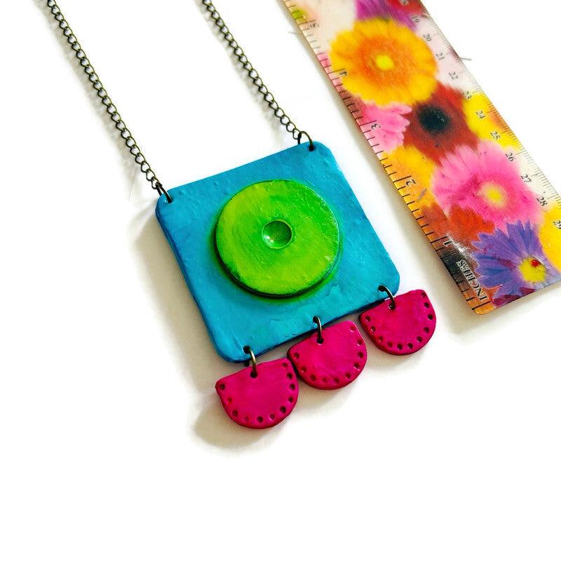 Abstract Neon Statement Necklace & Earrings Set, Handmade Polymer Clay